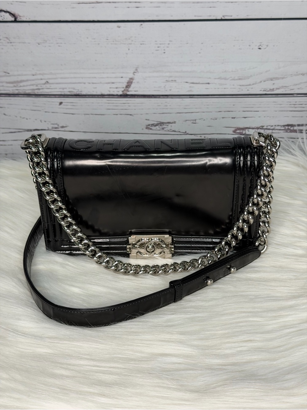 CHANEL Boy Bag Black Patent Leather Medium Flap Silver Hardware Shoulder Bag